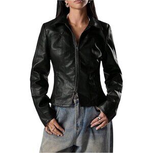 Women's Cropped Faux Leather Jacket Long Sleeve Zip Up Vintage Motorcycle Black